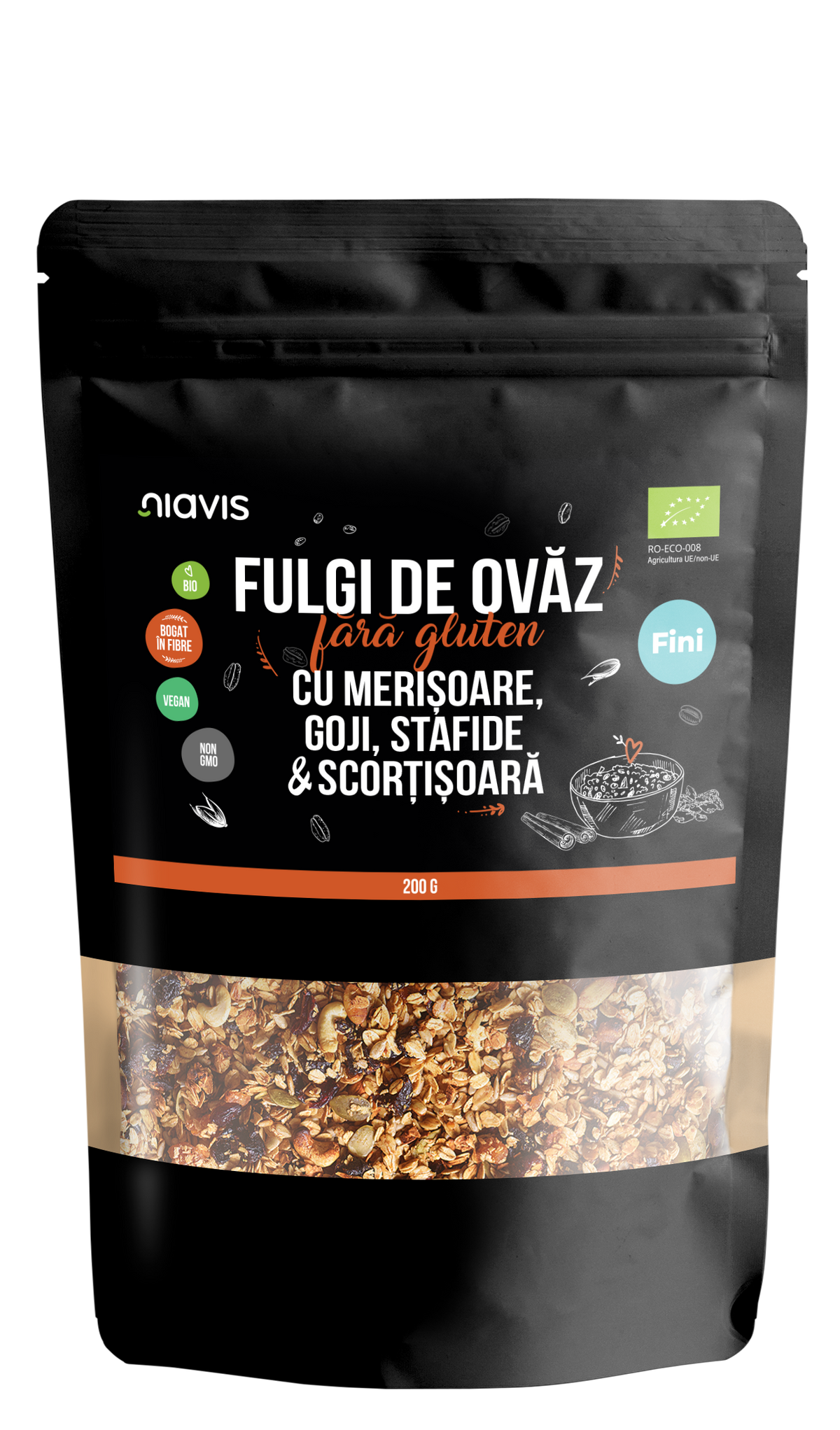 Fulgi de Ovaz Fini Fara Gluten cu Merisoare, Goji, Stafide si Scortisoara Ecologici BIO 200g